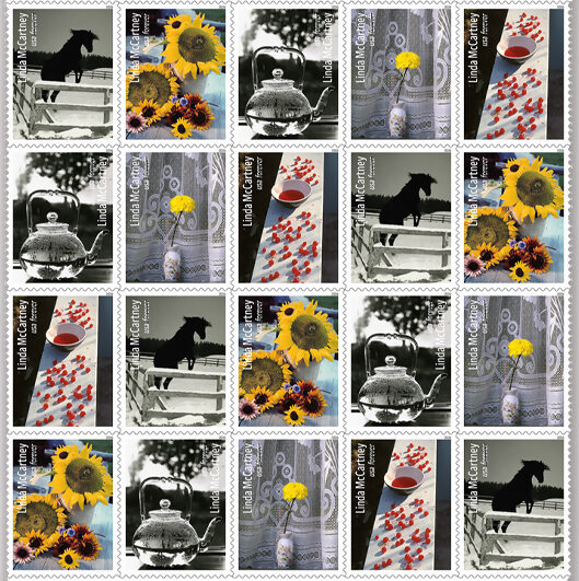 Sheet of 20 stamps with five different designs featuring photographs taken by Linda MCartney