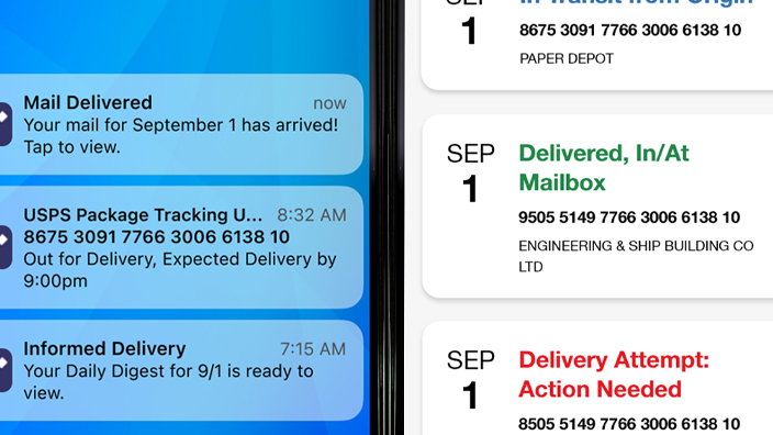 Two side-by-side images of cellphone screens displaying information from the USPS Informed Delivery app