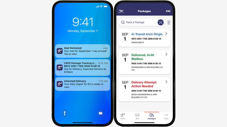 Two side-by-side images of cellphone screens displaying information from the USPS Informed Delivery app
