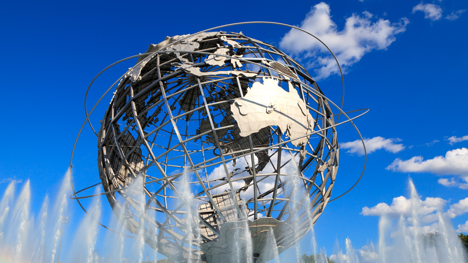 A 12-foot-tall, steel representation of the Earth with spouts of water shooting up from below