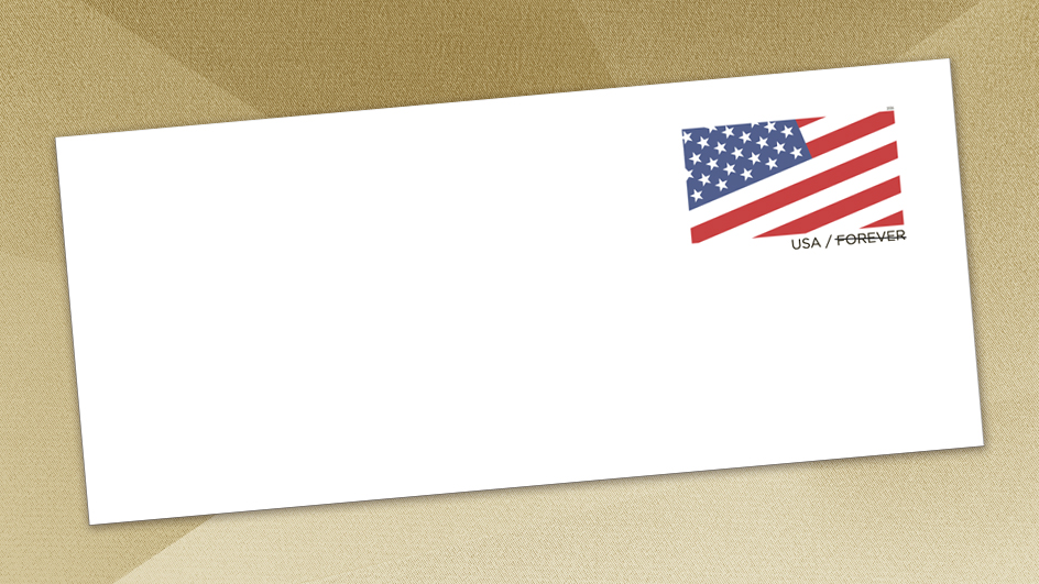 A white envelope with a partial, diagonal image of the U.S. flag in the top right corner