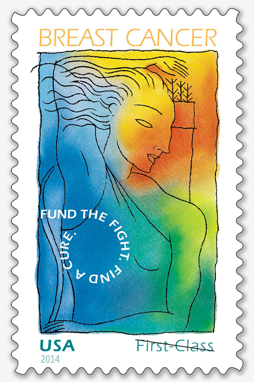 A stamp depicting a simple drawing of a woman standing with her right arm raised, reaching behind her head in the position recommended for breast self-examination