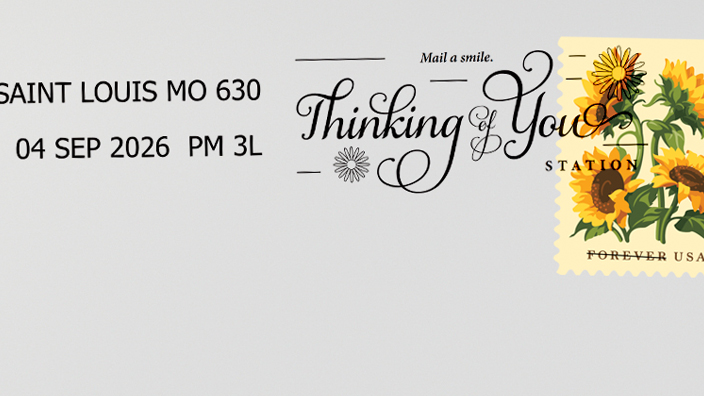 A light gray envelope on a white background bearing a Sunflower stamp and “Thinking of You” cancellation in the upper right corner.