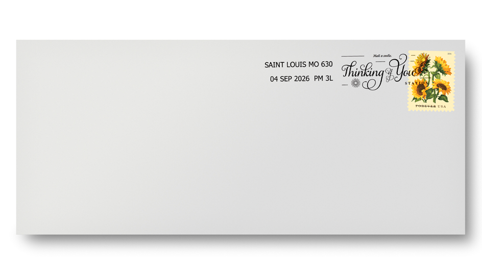 A light gray envelope on a white background bearing a Sunflower stamp and “Thinking of You” cancellation in the upper right corner.