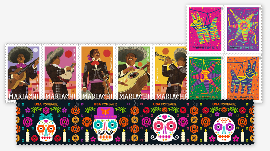 A collage of Hispanic-themed USPS stamps