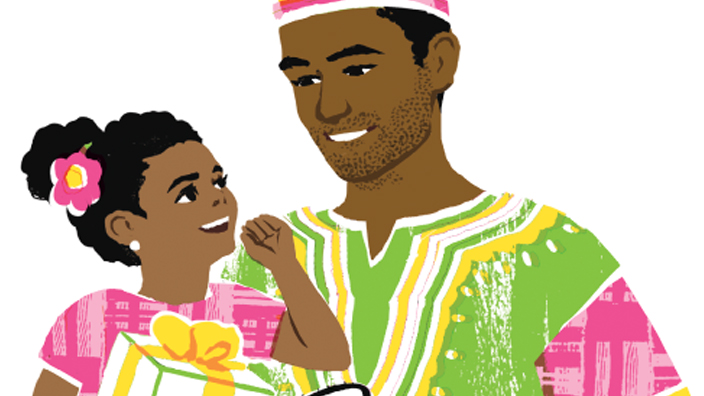 Stamp with illustration of a father holding his young daughter placed on a pink and green background