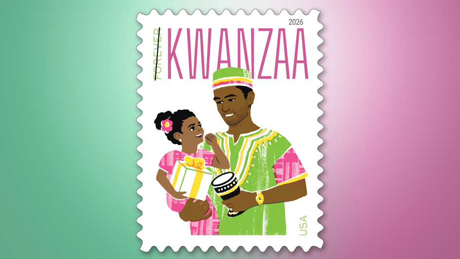 Stamp with illustration of a father holding his young daughter placed on a pink and green background