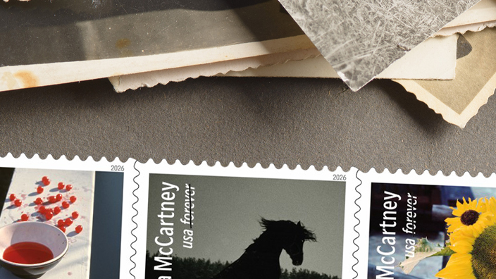 A strip of five postage stamps with designs featuring photos of a horse, sunflowers, a glass teapot, a yellow carnation in a vase and cherries