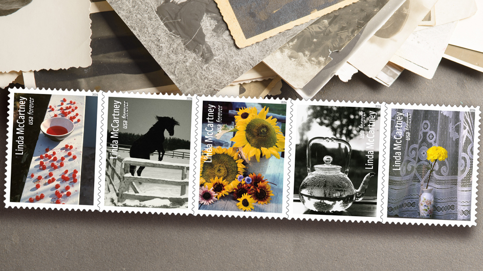A strip of five postage stamps with designs featuring photos of a horse, sunflowers, a glass teapot, a yellow carnation in a vase and cherries