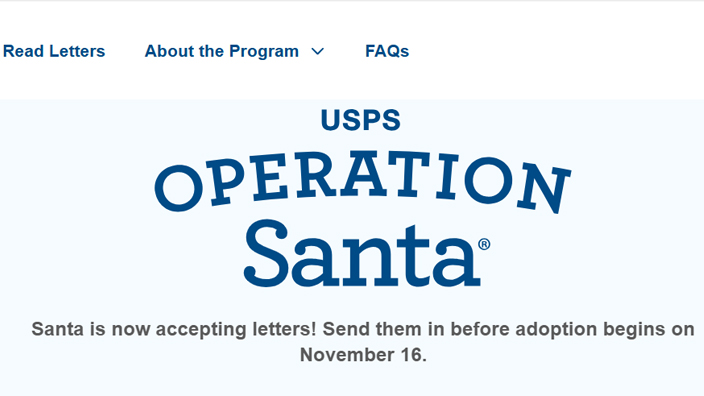 The homepage for the USPS Operation Santa website showing an illustration of Holly the Elf among piles of colored envelopes