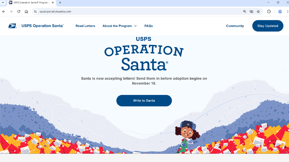 The homepage for the USPS Operation Santa website showing an illustration of Holly the Elf among piles of colored envelopes