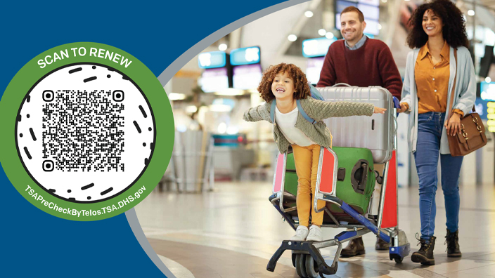Poster promoting reminding readers to renew their enrollment in the TSA PreCheck program with a QR code