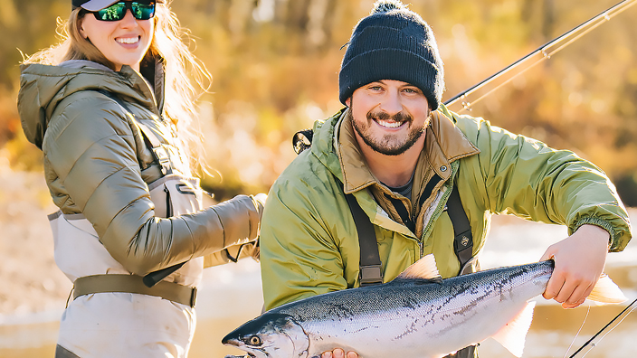 Man holding a large salmon while standing next to a woman holding a fishing road inside of a boat on water