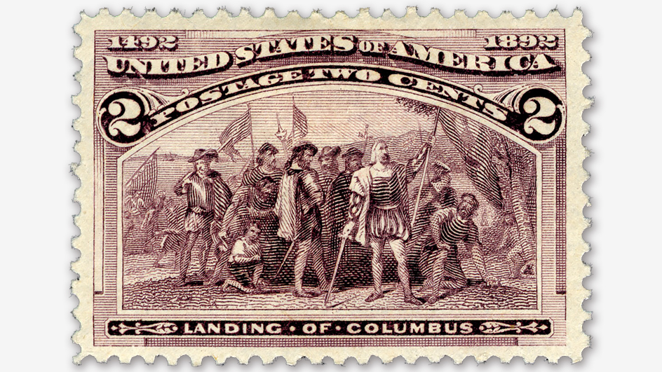 A USPS postage stamp depicting Christopher Columbus and members of his crew arriving on land after their 1492 voyage