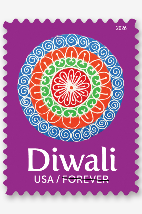 USPS stamp with a blue, orange, green and red rangoli on a purple background above the words “Diwali” and “USA / FOREVER”