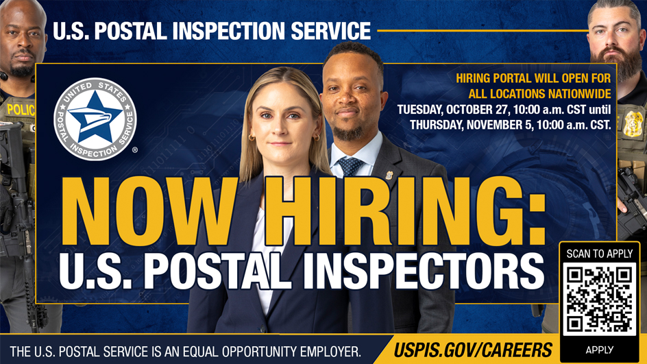 An image of uniformed and professionally dressed U.S. postal inspectors on a poster that reads “Now Hiring: U.S. Postal Inspectors.”