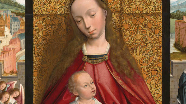 A stamp showing a painting of the Virgin Mary wearing red and holding the Christ child in her lap