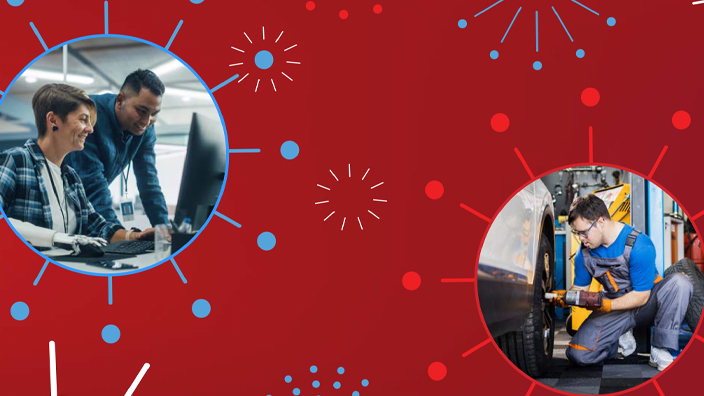 Red poster reading “Celebrating Value and Talent” with firework designs and five images showing workers