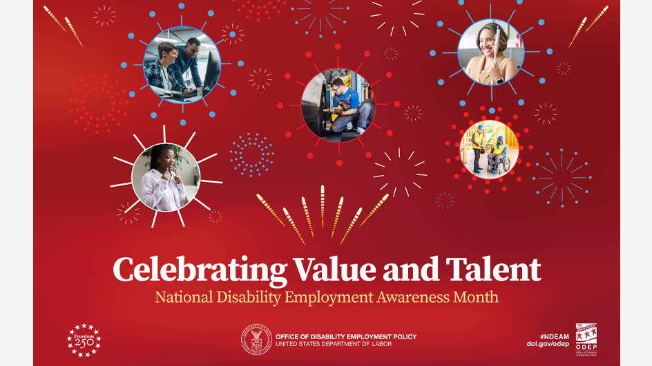 Red poster reading “Celebrating Value and Talent” with firework designs and five images showing workers