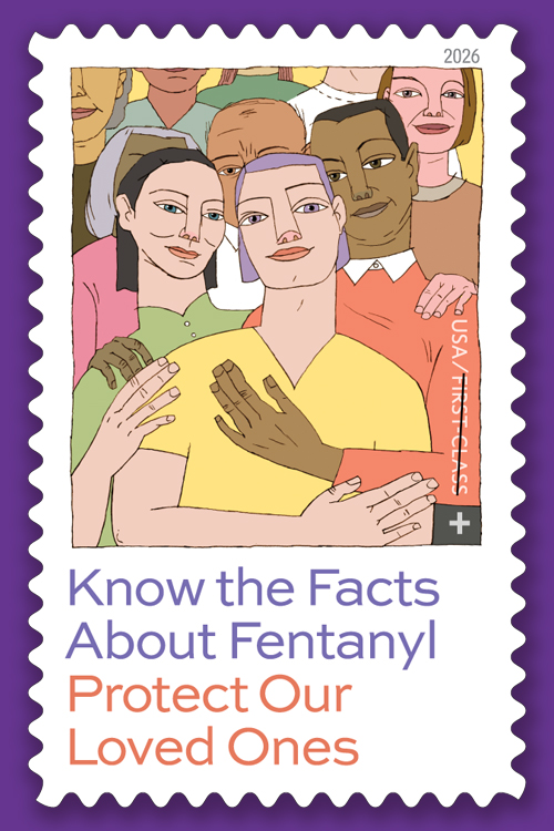 A stamp with an illustration depicting a diverse group of people embracing a person in a yellow shirt