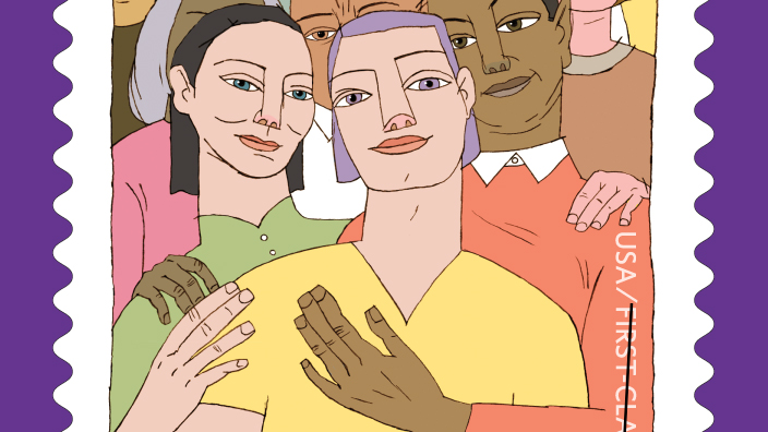 A stamp with an illustration depicting a diverse group of people embracing a person in a yellow shirt