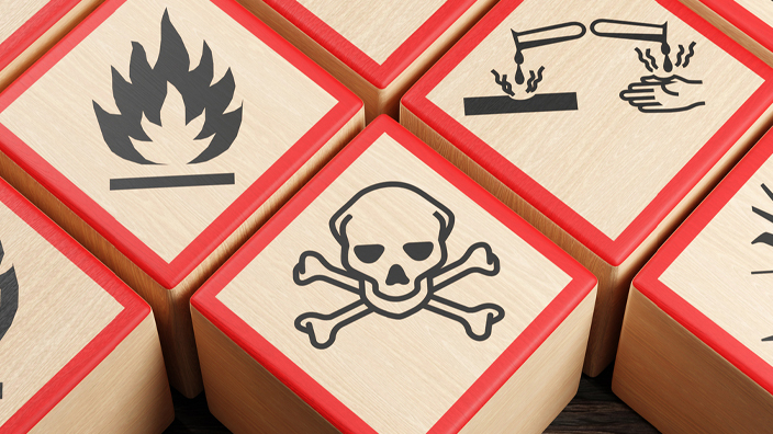 Eight wooden blocks showing globally recognized hazardous material symbols