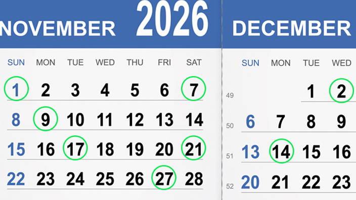 November and December 2026 calendars with dates circled in green