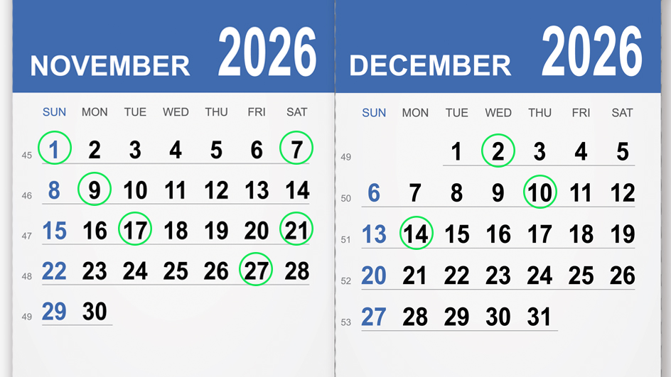 November and December 2026 calendars with dates circled in green