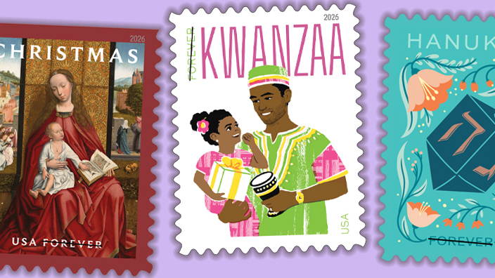 A collage showing the Madonna Child, Kwanzaa and Hanukkah stamps