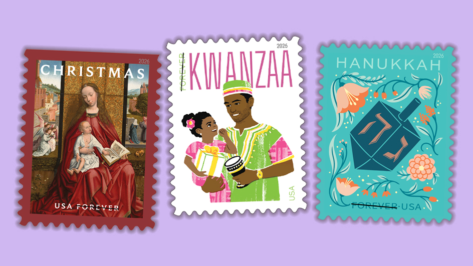 A collage showing the Madonna Child, Kwanzaa and Hanukkah stamps